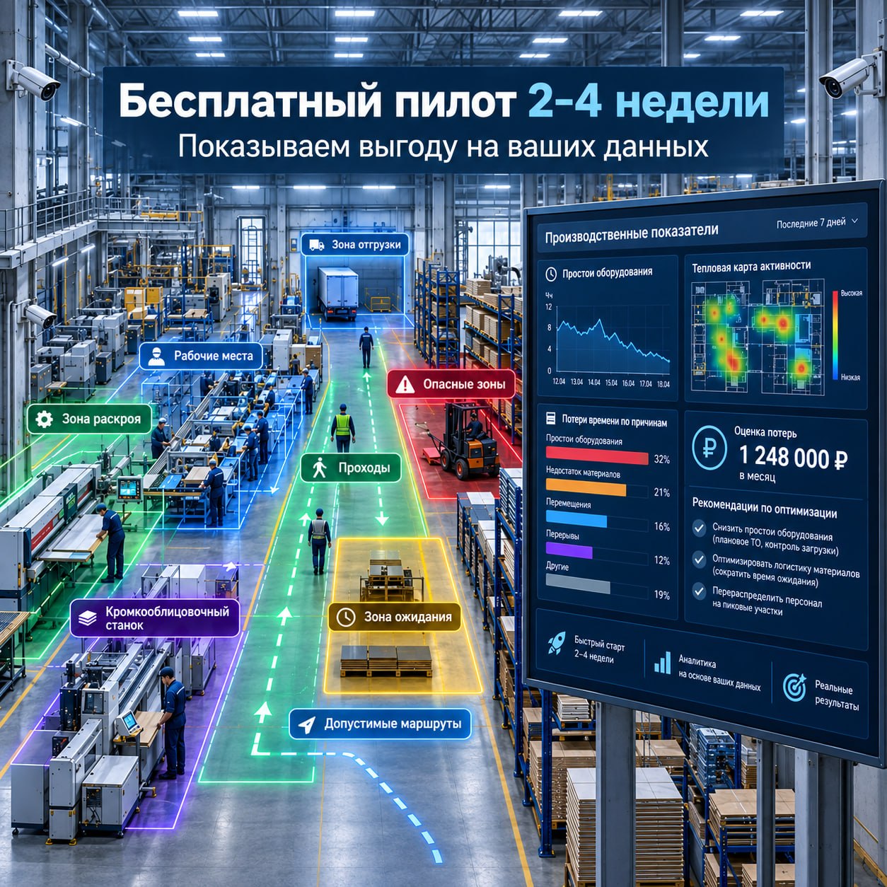 Компьютерное зрение на производстве: камеры, разметка зон, маршрутов, опасных участков и дашборд с потерями
