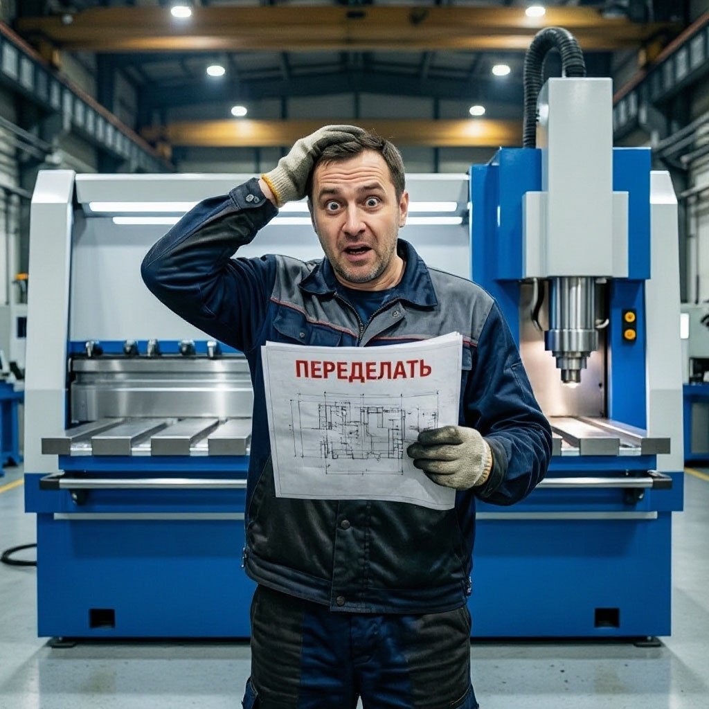 Рабочий в цехе держит чертёж с пометкой переделать