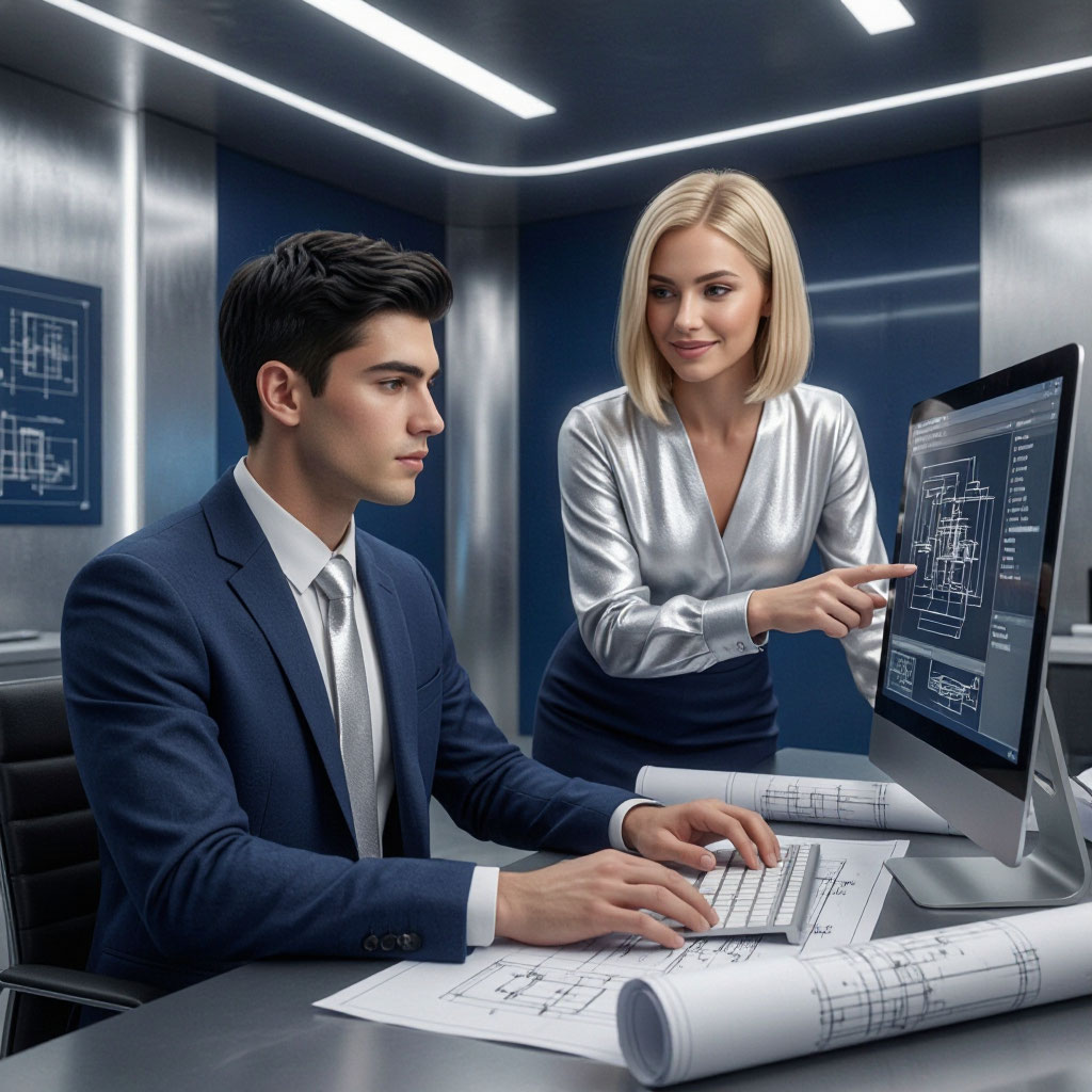 Инженерная команда работает с чертежами и CAD-документацией