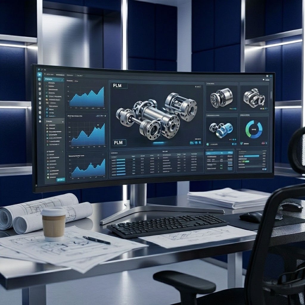 PLM-интерфейс с 3D-моделью изделия, чертежами и данными продукта